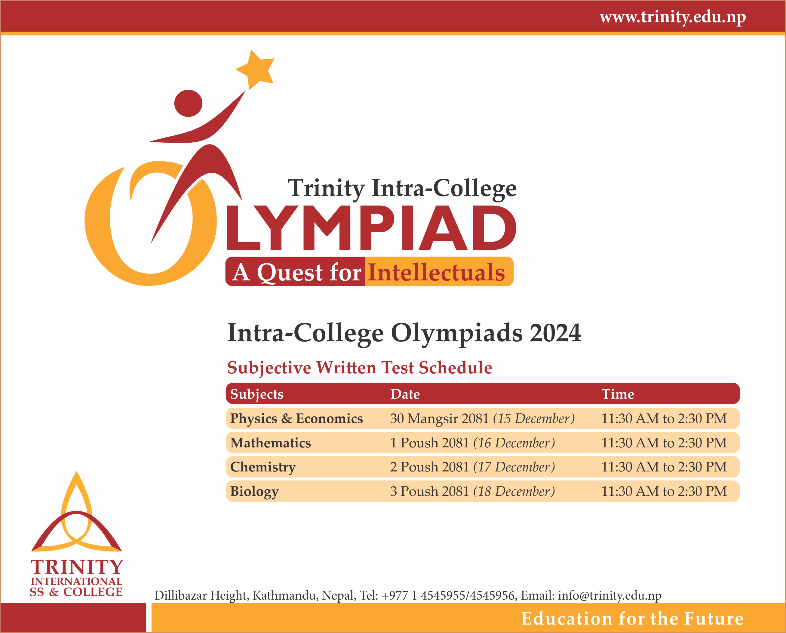 Intra-College Olypmpiads 2024 Subjective Written Test Schedule